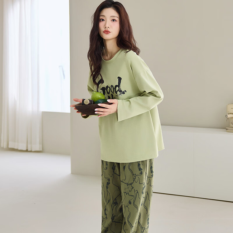 都市丽人纯棉女士睡衣女2026年新款圆领长袖长裤家居服套装可外穿 100%纯棉女士家居服-抹茶绿 M （建议80-100斤）