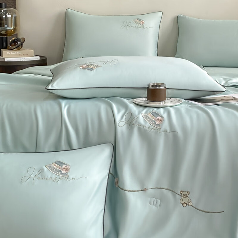 水星家纺夏凉被空调被水洗真丝夏被四件套夏季被子裸睡轻奢床单床笠 公主日记-白茶绿 床单款 夏被200*230cm++2枕套