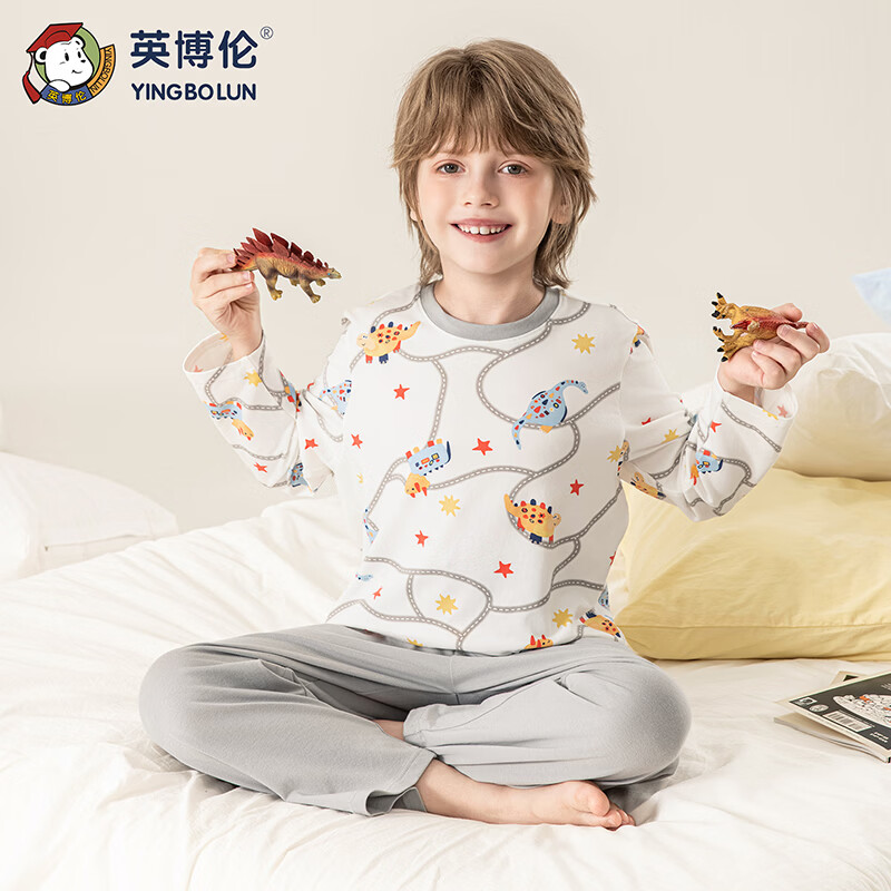 英博伦男童睡衣儿童莫代尔家居服套装长袖长裤春夏新款男孩中大童 60619浅灰 110
