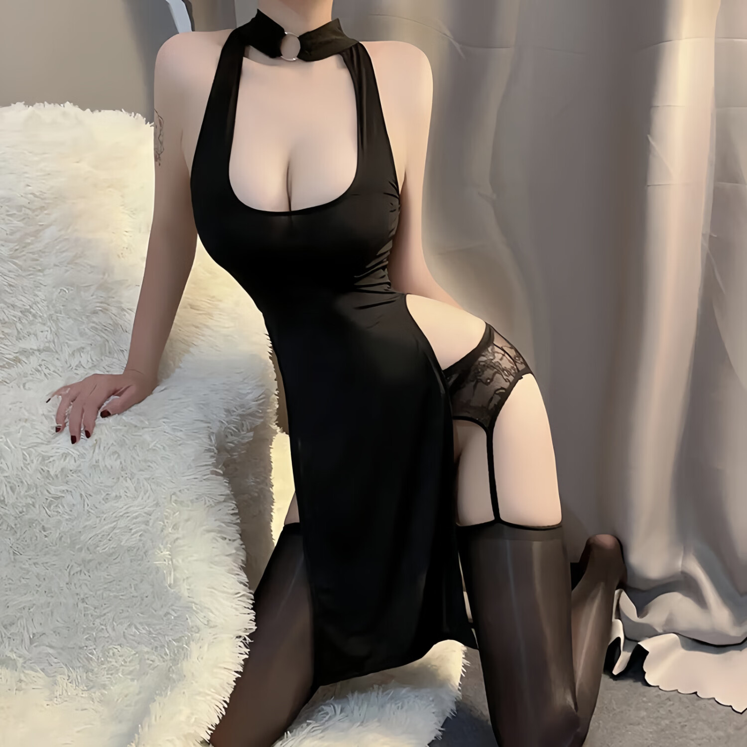 情趣内衣免脱后妈裙旗袍诱惑26新款高端开叉七夕约会性感房事战袍 黑色裙+T裤+油光蕾丝吊带袜 均码（80-120）