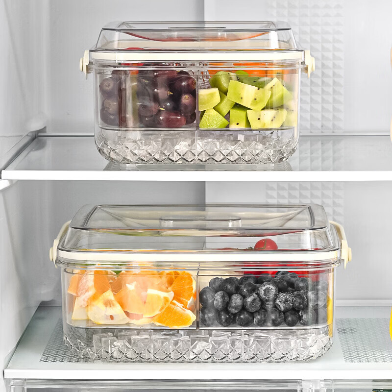 洋臣手提透明水果保鲜盒五分格家用零食野餐篮子户外创意带盖水果果盘 透明大号方形五格【底部可放冰】