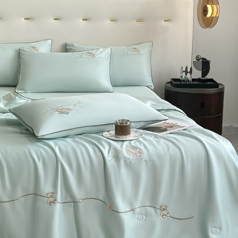 水星家纺夏凉被空调被水洗真丝夏被四件套夏季被子裸睡轻奢床单床笠 公主日记-白茶绿 床单款 夏被200*230cm++2枕套