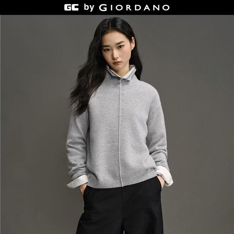 GIORDANO CONCEPTS 2025秋冬新款针织衫女静奢羊毛衫品牌刺绣宽松高领毛衣12355605 13中花灰 M