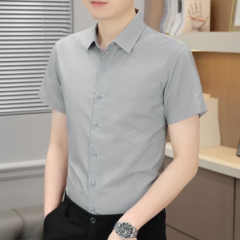 JPUZ男士短袖衬衫夏季冰丝竹纤维弹力免烫抗皱高端衬衣感帅气寸衣 252灰色 M 90-110斤