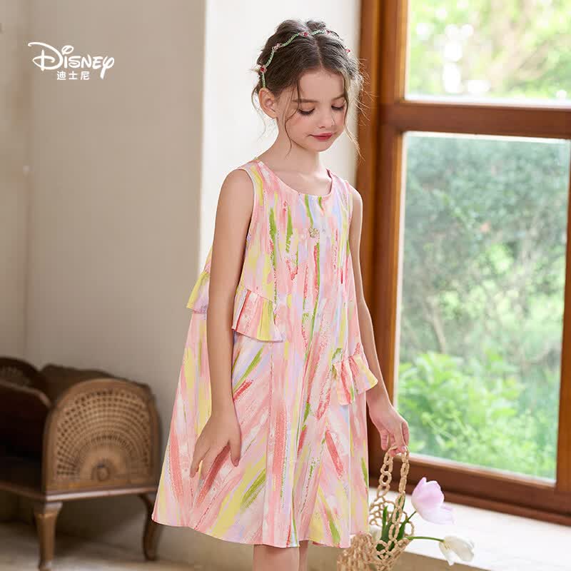 迪士尼(Disney)女童连衣裙2026夏季新款中大童女孩无袖薄款海边碎花公主裙子 粉色(055) 140 【建议身高135-145cm,体重60-70斤】