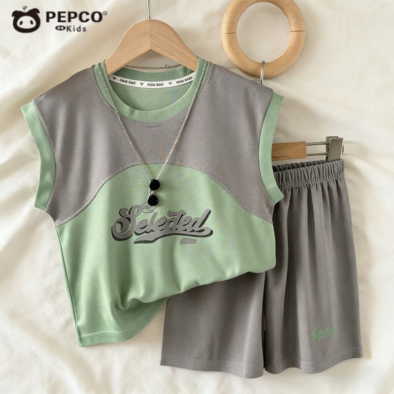 小猪班纳（PEPCO）夏季新款男童T恤韩版字母拼接无袖珠地儿童套装坎肩上衣五分裤子 KS珠地套装-灰色拼绿 130