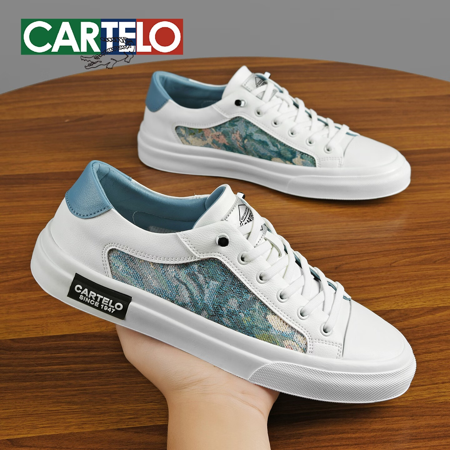卡帝乐鳄鱼（CARTELO）时尚男鞋夏季潮流透气休闲板鞋男韩版上班学生户外一脚蹬运动鞋男 冰蓝色 44 (270mm) 标准运动鞋尺码
