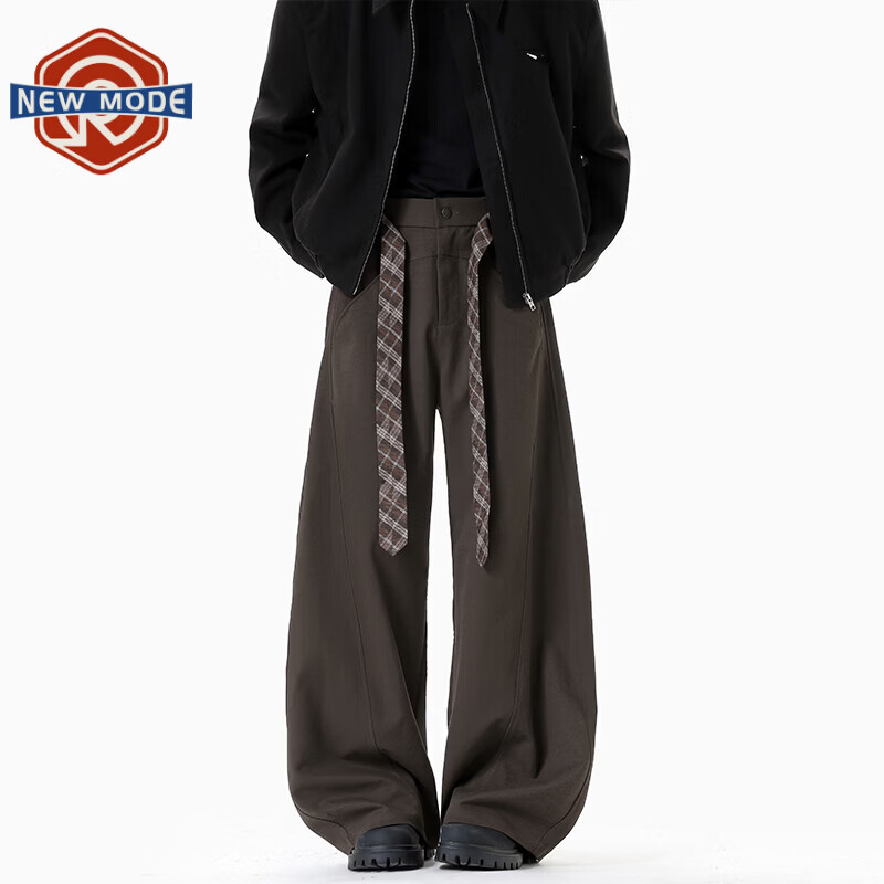 NEW OR MODE老钱风复古格纹腰带弯刀西裤男春秋季新款高级感宽松阔腿休闲裤子 深棕色【高品质】 M 【建议90-110斤】