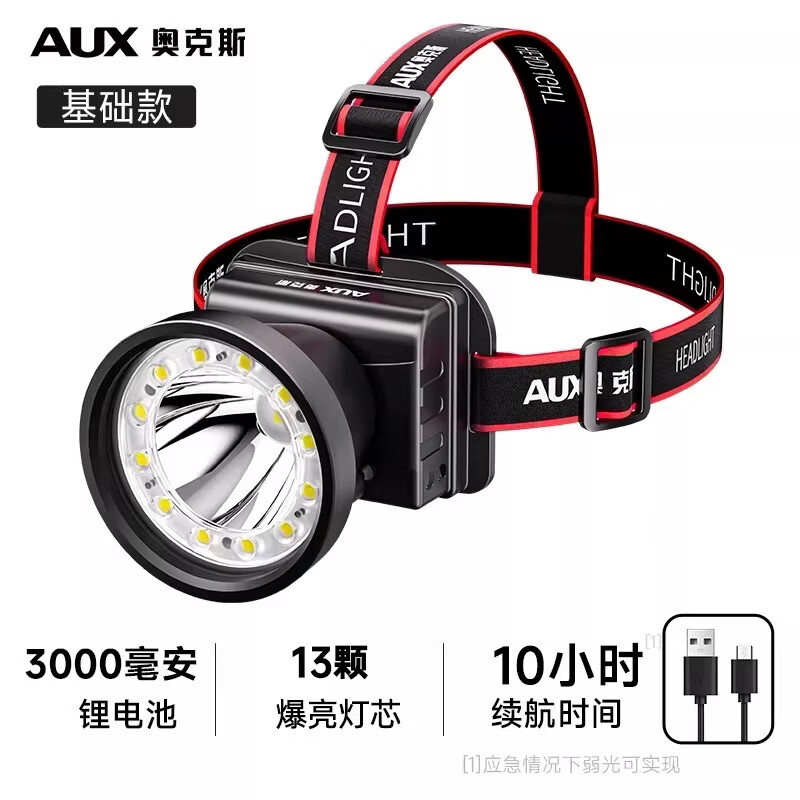 奥克斯（AUX）头灯强光超亮维修专用户外夜钓登山头戴式强光头灯可充电26年新款 【基础款】13颗灯珠+快充+电池+小电池