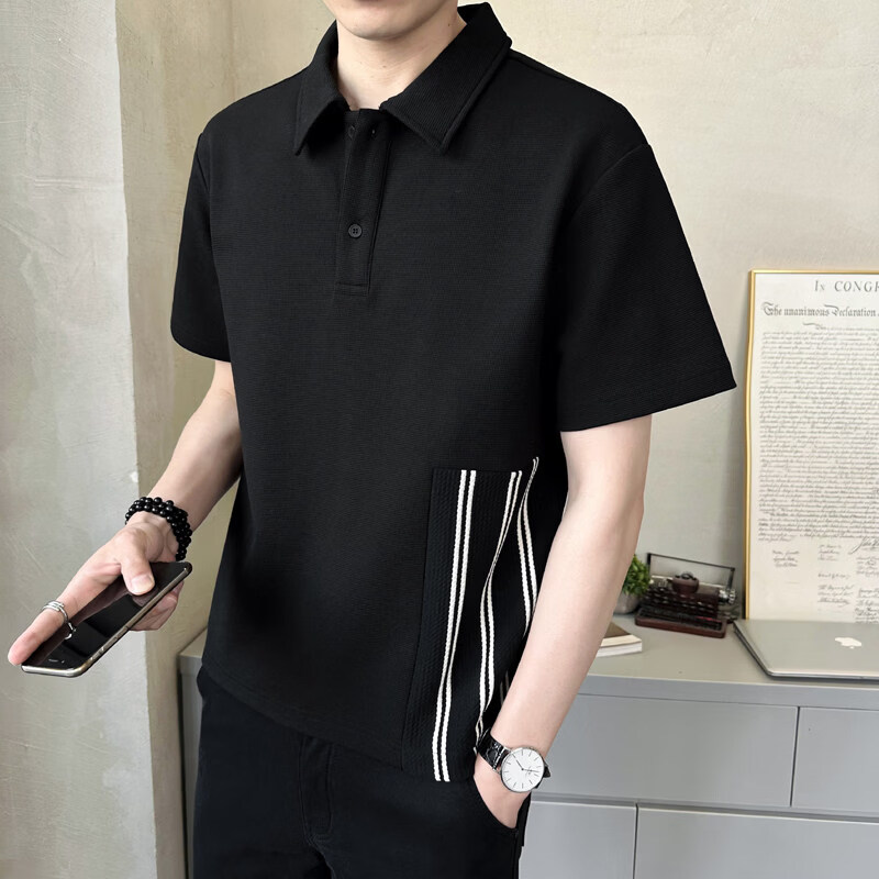JPUZ男士短袖polo衫2026夏季韩版简约网眼冰丝珠地棉半袖夏装翻领t恤 黑色 M 115斤以内