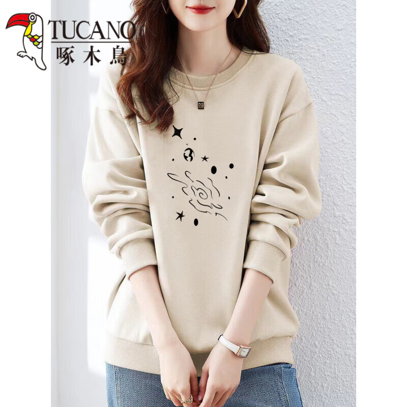 啄木鸟（TUCANO）2026新款圆领纯.棉卫衣女宽松百搭简约春秋 白星空-藏蓝色【不加绒】 S 【建议70-100斤】