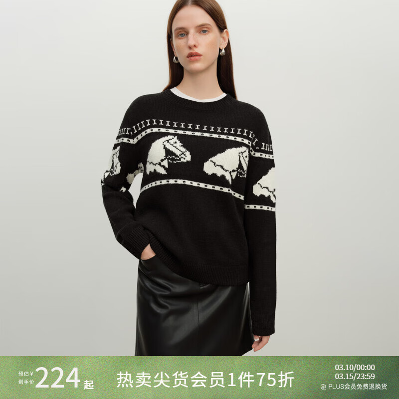 自巧小个子设计感新年小马提花撞色毛衫女2025冬季新款落肩袖毛衣 谧黑色 XXS （尺码：1）