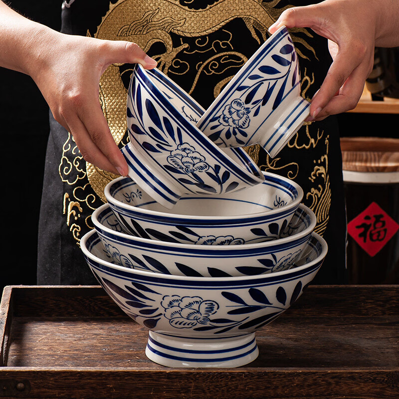 溥畔大号拉面碗复古手绘陕西老关中陶瓷大碗油泼面碗商用高脚碗汤面碗 手绘青花+10英寸秦海碗