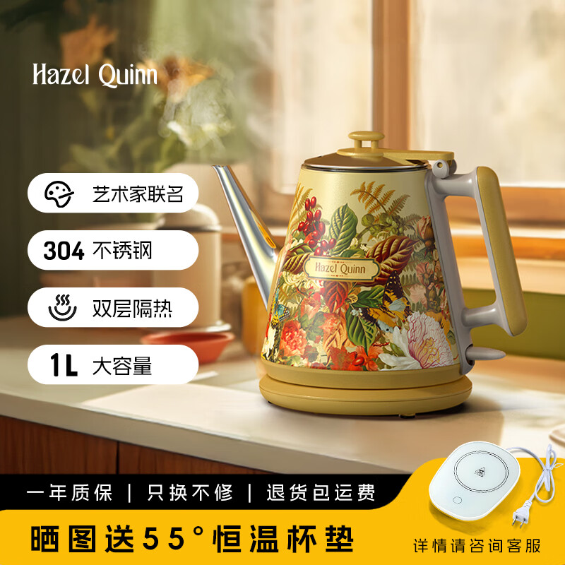 海素奎因联名款电热水壶1L家用304不锈钢1800W速热自动断电快速沸腾京东小家电流量日3期免息电热水壶 1L