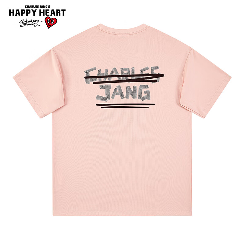 查尔斯桃心 夏季简约LOGO字母美式休闲宽松百搭潮流薄款透气短袖T恤男女同款 粉红色 XL