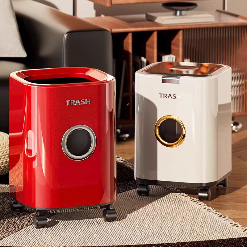 艾仕可（ASCOR）垃圾桶2026新款家用客厅大容量轻奢高档高颜值卧室带盖带轮可移动 15L-复古红-有轮无盖【内外双桶 自吸套袋】
