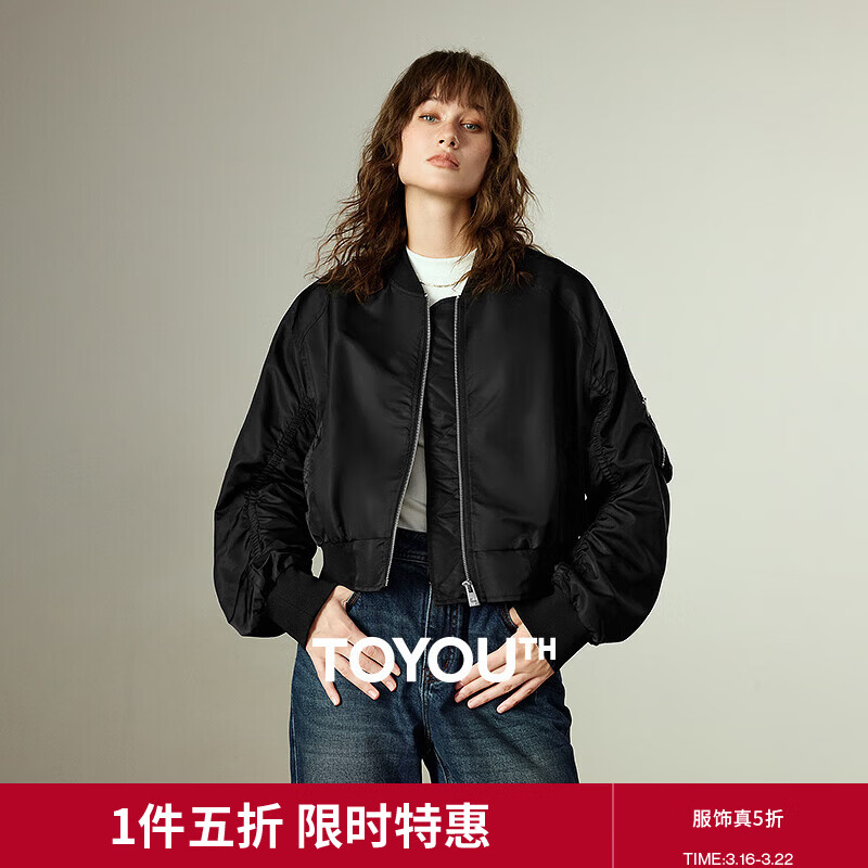 初语棒球服女2025冬季新款复古光泽感轻奢尼龙设计感插肩袖夹克 黑色 M