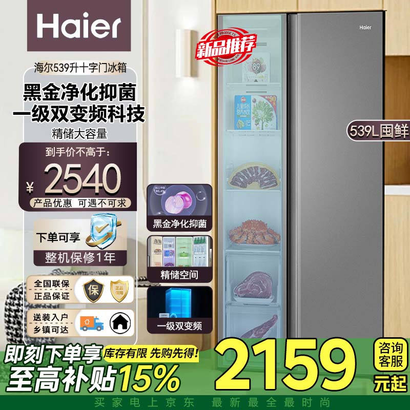 海尔（Haier）家电大容量囤货海尔冰箱双开门539升一级变频超薄家用风冷无霜 BCD-539WGHSSEDH9 铂岩灰对开门