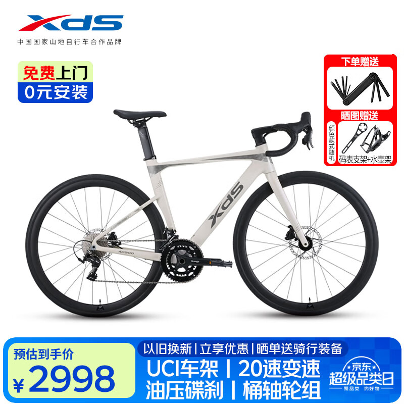 喜德盛公路自行车2025款AD300中空一体牙盘桶轴20速油碟单车 白蛇48cm
