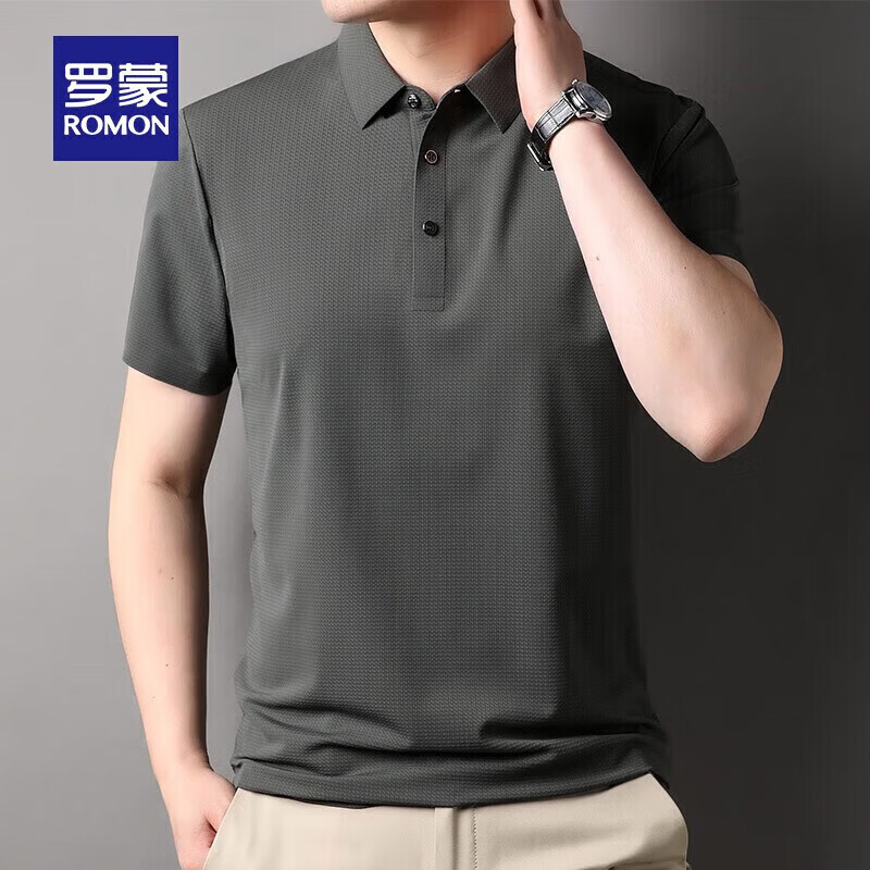 罗蒙（ROMON）【高弹无痕】短袖polo衫男夏季新款泡泡格弹力纯色翻领短袖t恤 G2206灰绿 3XL 190/104A（建议175-195斤）