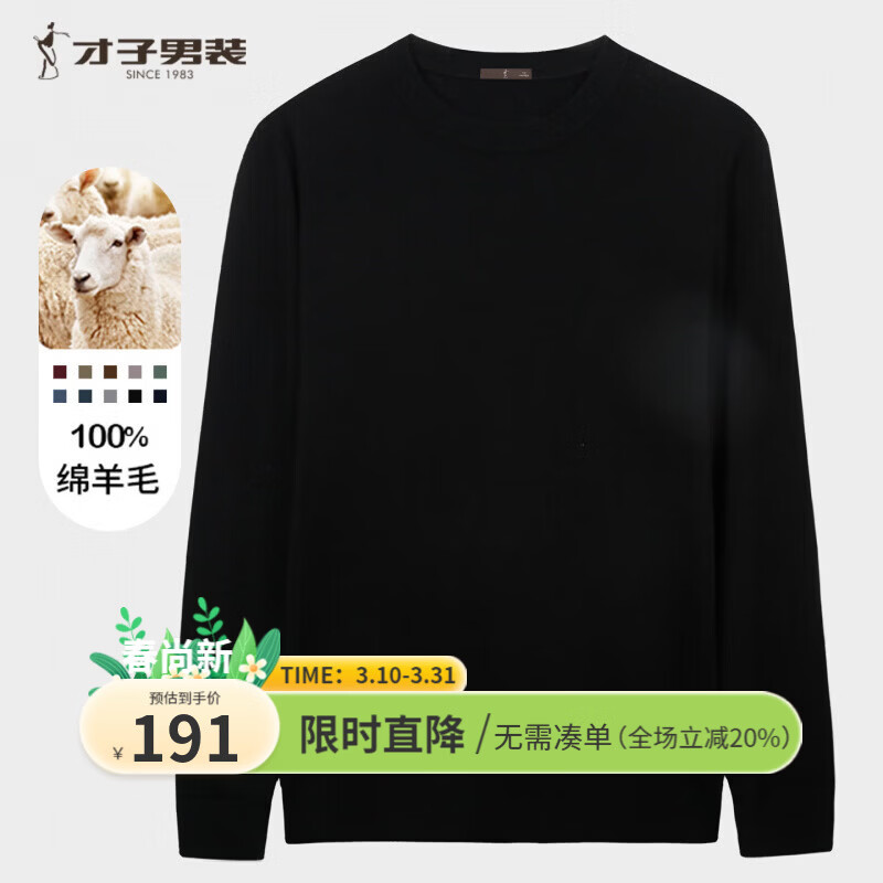 才子（TRIES）男士针织毛衫秋冬圆领修身羊毛衫100%纯羊毛轻柔保暖打底衫 黑色 2XL 52 (180/96A)