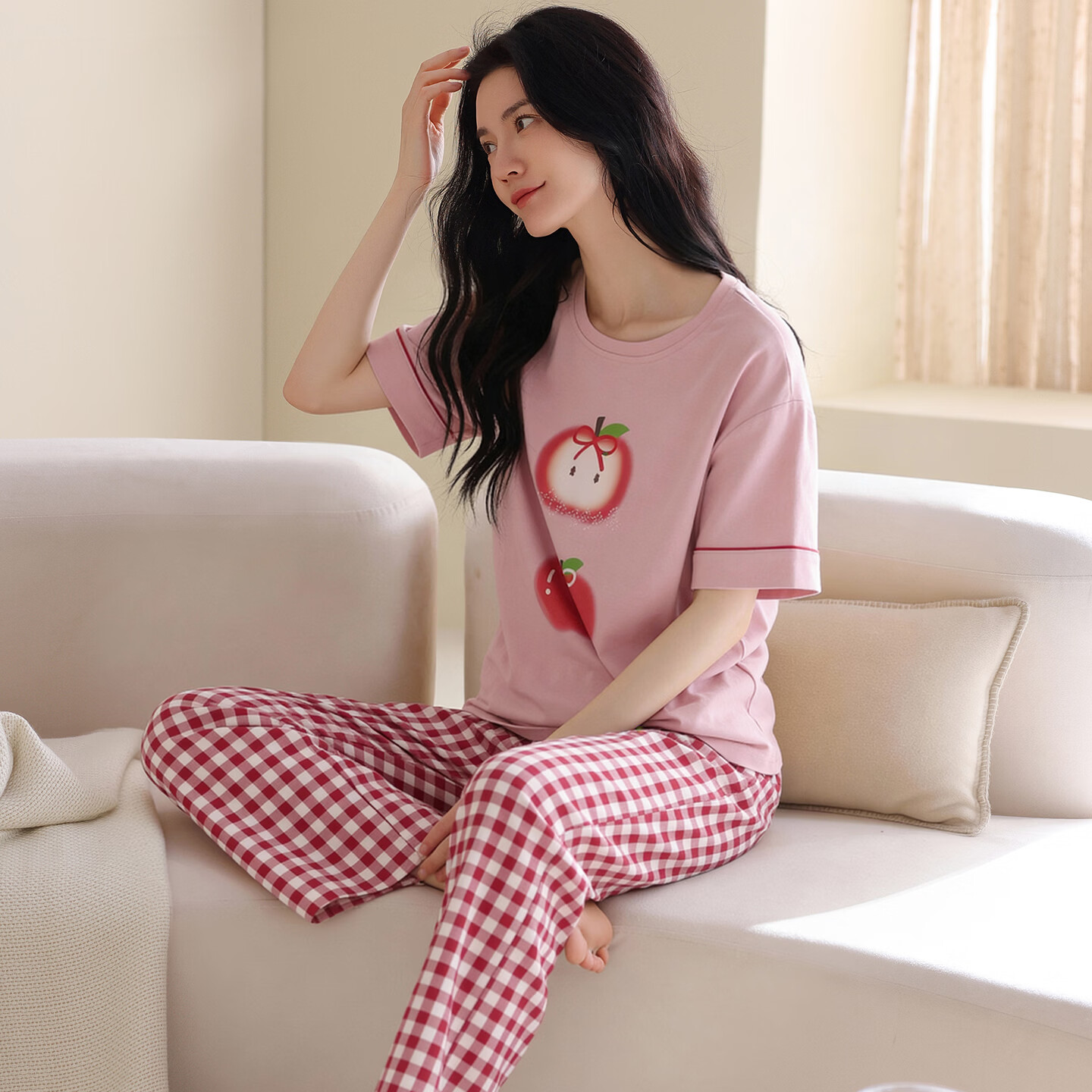 猫人纯棉100%女款带胸垫春夏季睡衣可外穿甜美可爱睡衣家居服套装 粉格苹果 【纯棉100% 自带胸垫】 2XL 【推荐体重140-160斤】