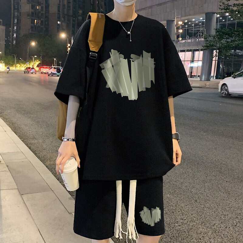 梵姿缇美式复古华夫格短袖t恤套装男夏季潮流五分半袖宽松上衣服体恤男  黑色 XL 建议115-130斤