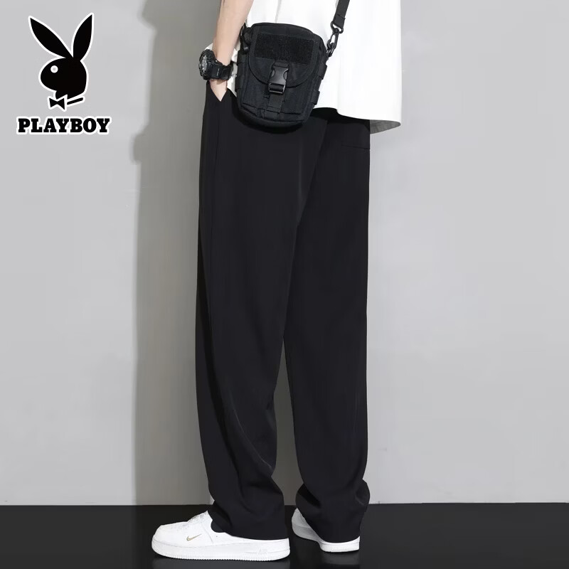 花花公子(PLAYBOY)冰丝裤子夏季男休闲直筒男裤宽松冰感潮流拖地阔腿男士西装长裤 H41黑色 XL (建议140-160斤)