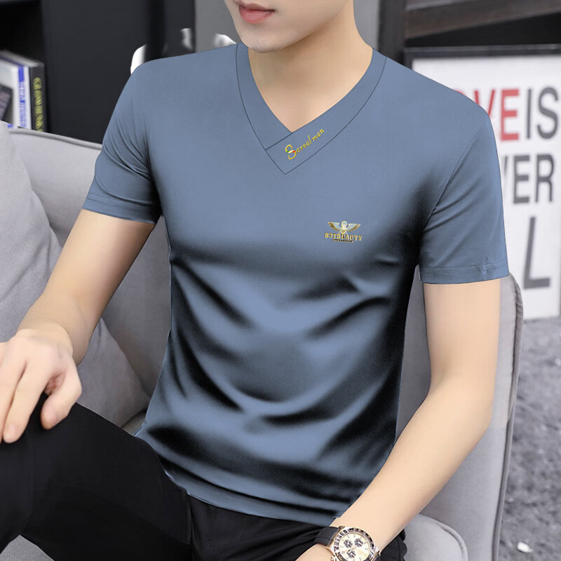 敖琥夏季2026新款莫代尔男士v领短袖t恤上衣服速干体恤衫潮流男装 雾霾蓝 5XL （200-220斤