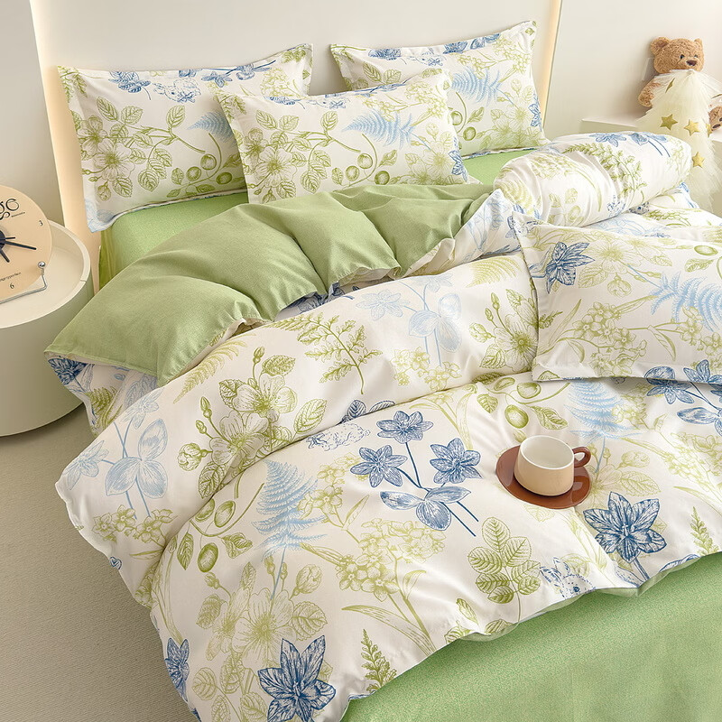 多兰诗（Duolanshi）春夏加厚磨毛四件套 ins四件套花卉田园风格床单被套四件套 鸟语花香M 2.0米 床单款 被套200*230 四件套