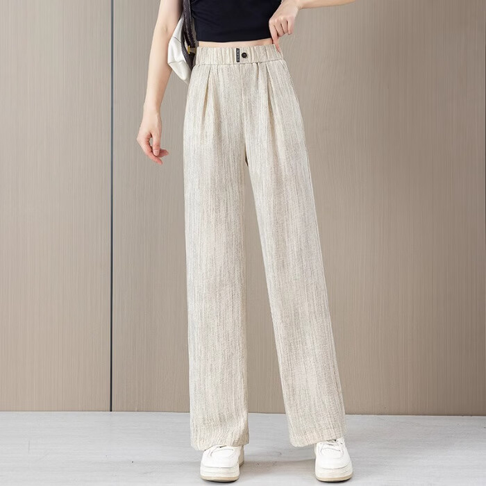 女款冰丝裤子夏季薄款欧洲站松紧腰宽松加大码慵懒风休闲运动长裤 米白色 3XL 建议【130-140斤】