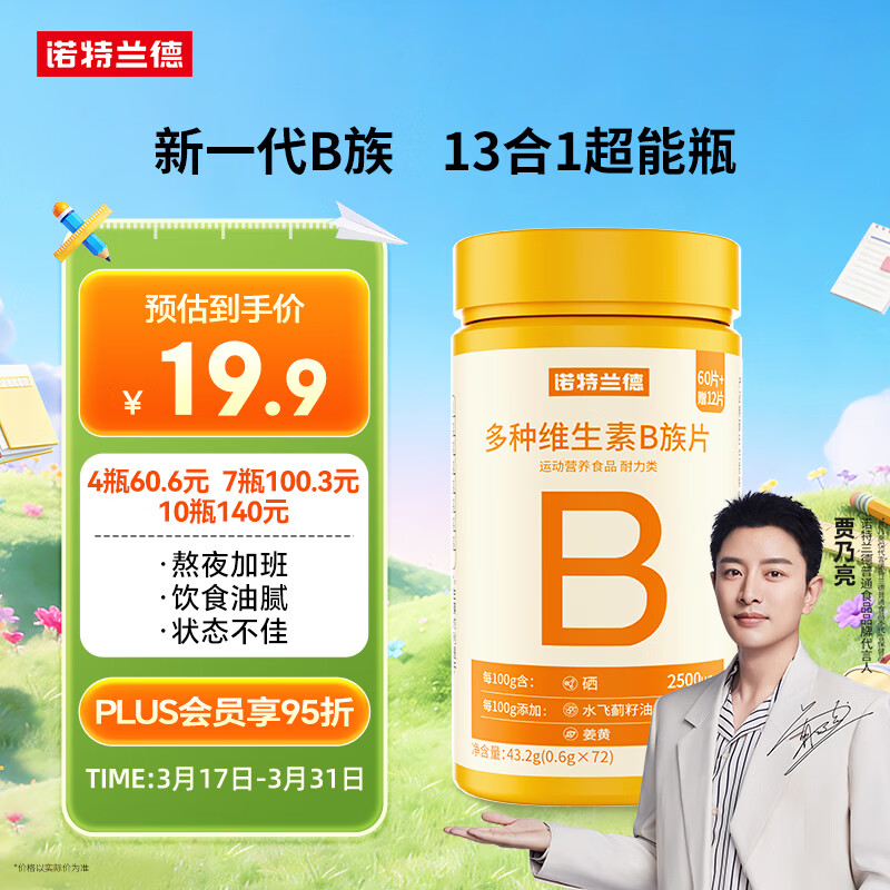 诺特兰德 多种维生素B族片【72片/瓶】 维b1b2b6烟酸叶酸泛酸牛磺酸