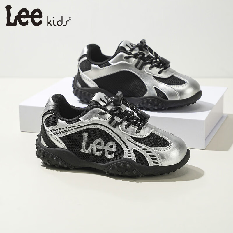 Lee童鞋春季新款儿童跑步鞋女童防滑运动鞋德训鞋男大童 黑银 28 【建议脚长176mm】