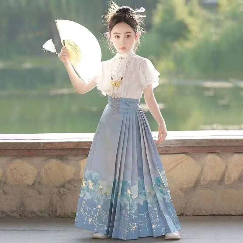 G.duck小黄鸭女童马面裙套装2026夏季雪纺田园风汉服淡雅远山蓝独特衣服 上衣+蓝色裙子+项链 160 码建议身高150-160cm