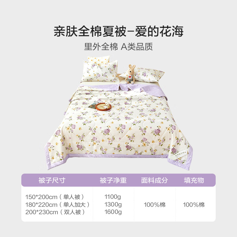 恒源祥 空调被 100%棉花夏凉被子纯棉可机洗午睡单人双人全棉被芯夏季 【全棉A类+新品上市】爱的花海 180x200cm【夏被单件】