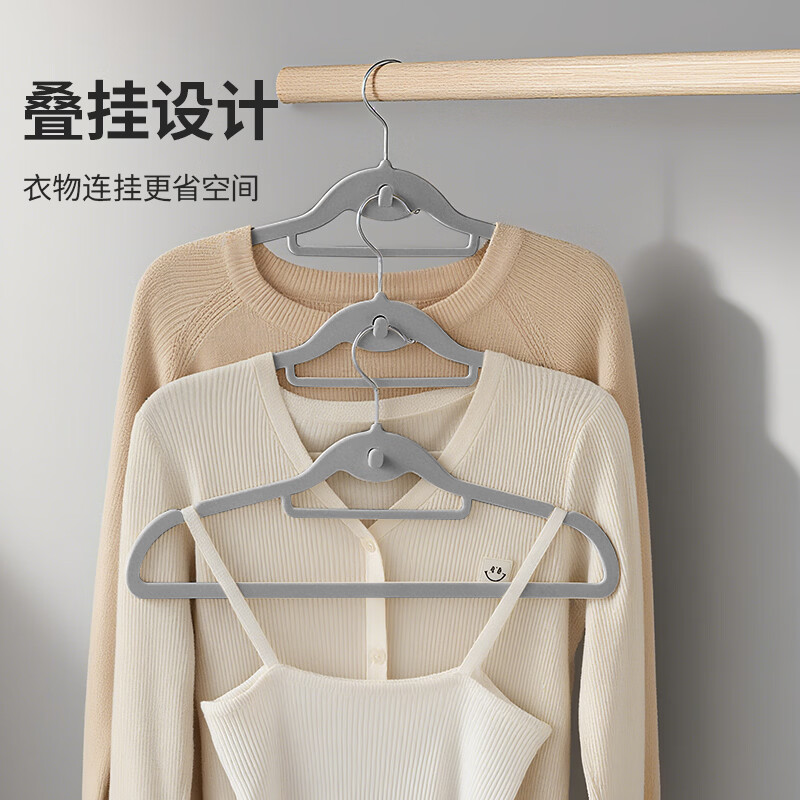 LYNN衣架短颈无痕防滑衣撑子家用卧室多功能收纳植绒晾晒架衣挂省空间 【橡胶漆衣架 可叠挂】浅灰色衣架10支