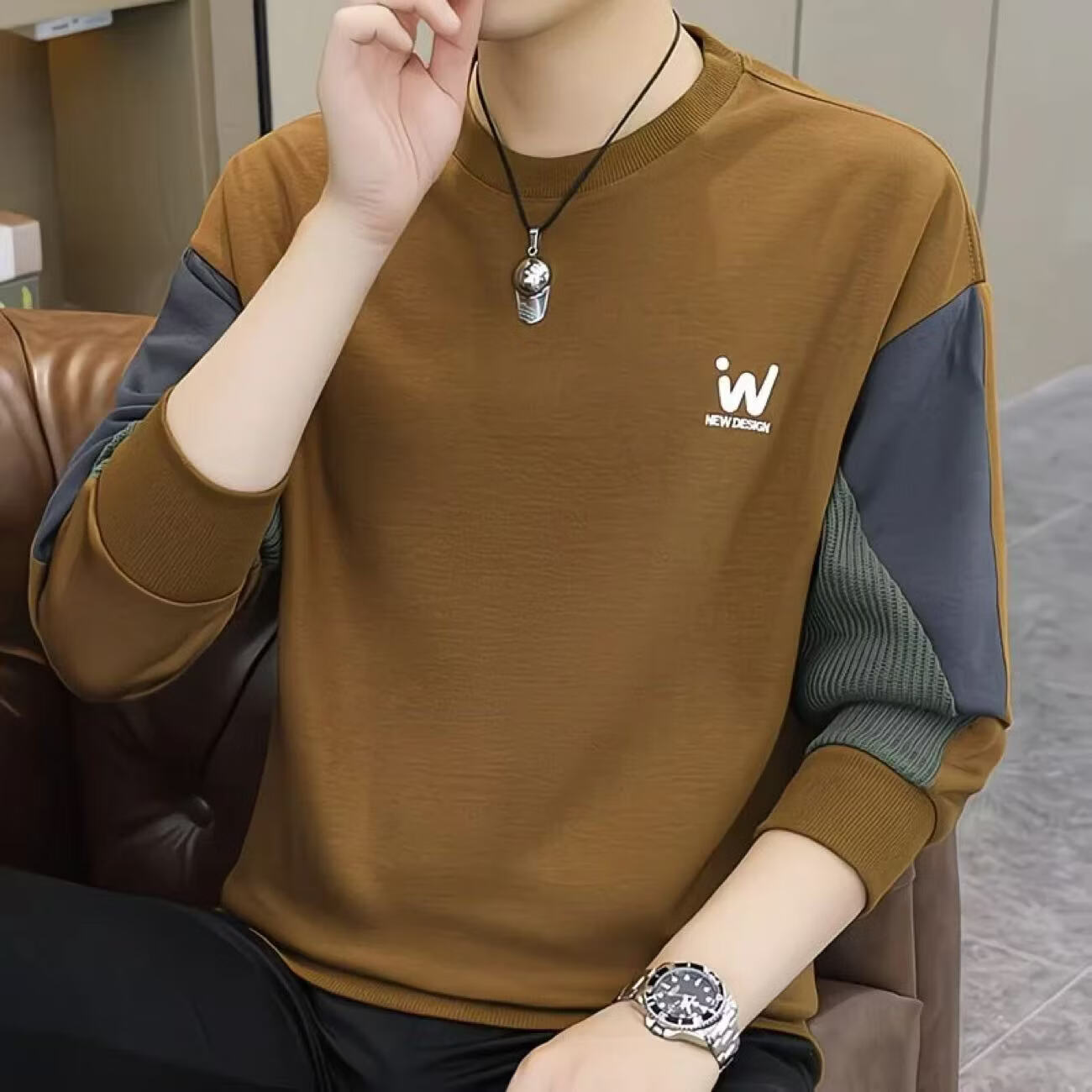 罗鸣老人【高档轻奢】2026新款时尚帅气宽松百搭男士长袖精美印花气质卫衣 咖啡 2XL （建议150-170斤）