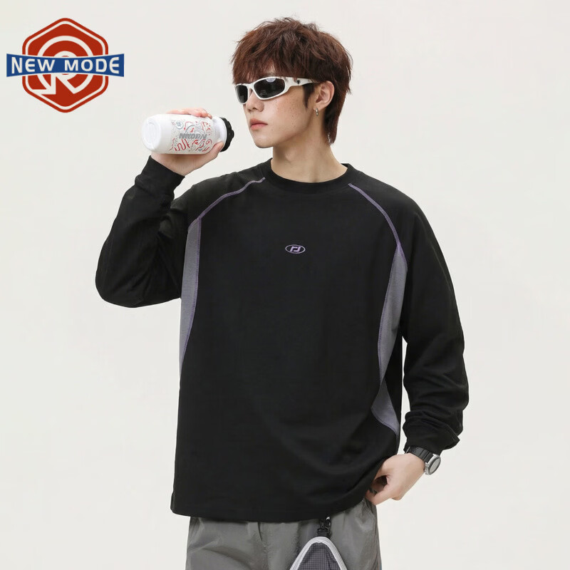NEW OR MODE潮牌速干圆领长袖t恤男士夏季新款复古撞色拼接宽松情侣百搭T恤衫 黑色【高品质】 M 【建议90-110斤】