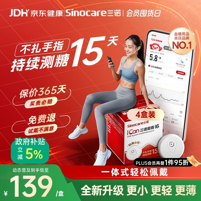 三诺（Sinocare）爱看动态血糖仪升级款i6免扎针免校准15天监测系统4盒装