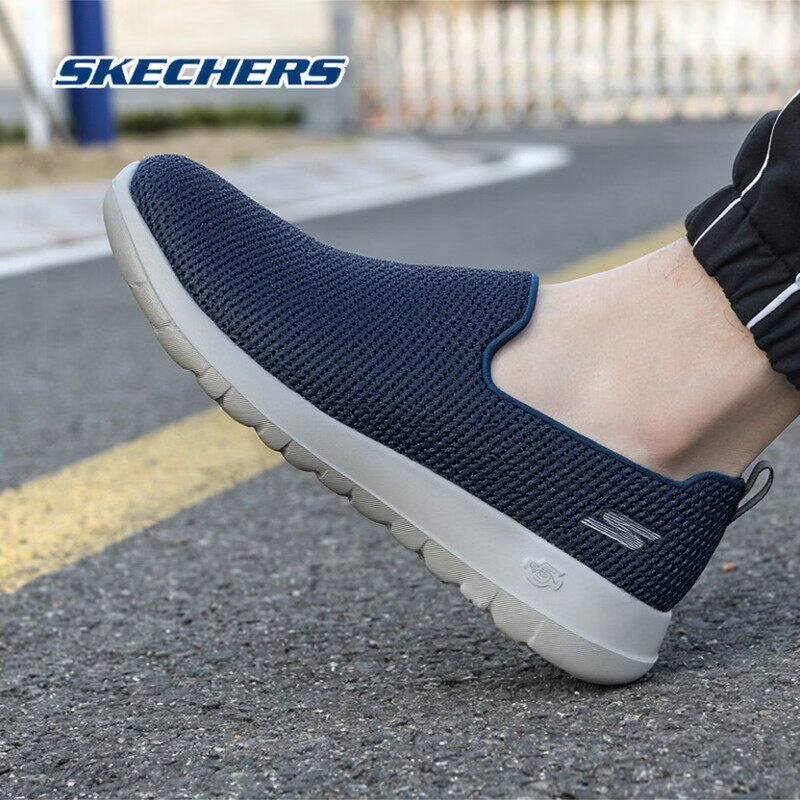 斯凯奇（Skechers）男鞋夏季2026新款网面透气一脚蹬穿脱休闲鞋软底轻便老人鞋跑步鞋 海军蓝色/灰色-NVGY 42