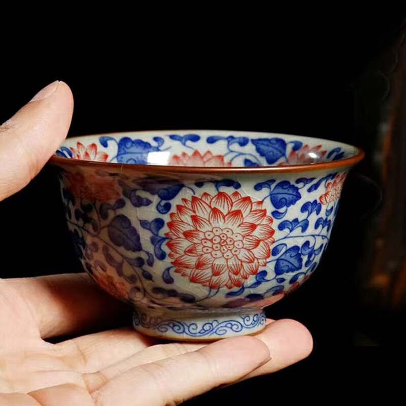 聚均阁 景德镇陶瓷青花釉里红万花压手杯柴烧釉下彩茶杯个人专用主人