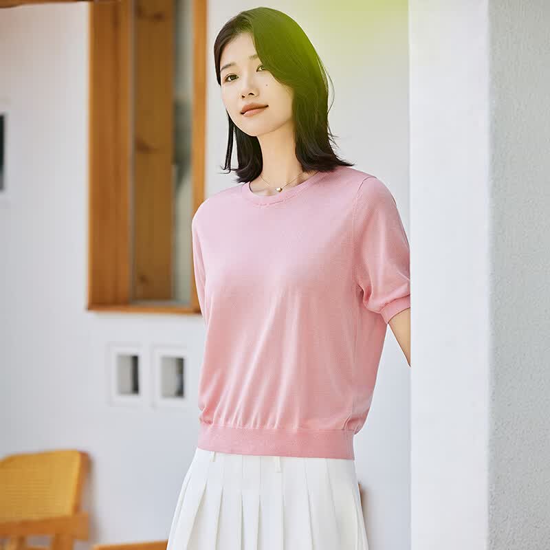 恒源祥短袖针织t恤女装简约圆领夏季纯色套头半袖针织衫桑蚕丝上衣ins 浅豆绿 M /165/88A