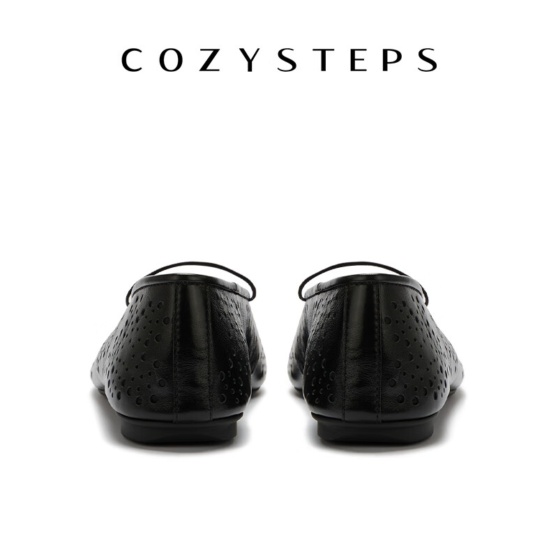 COZY STEPS可至女士26春季新款浅口复古牛皮芭蕾玛丽珍镭射冲孔单鞋女 松露黑 40