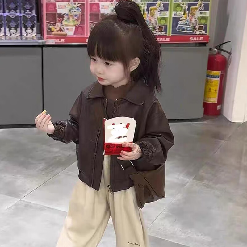 男女童春秋装皮衣外套2026儿童卡通休闲衣服宝宝网红洋气夹克加绒 黑色皮衣【春秋款】 140 尺码【建议身高135厘米左右】