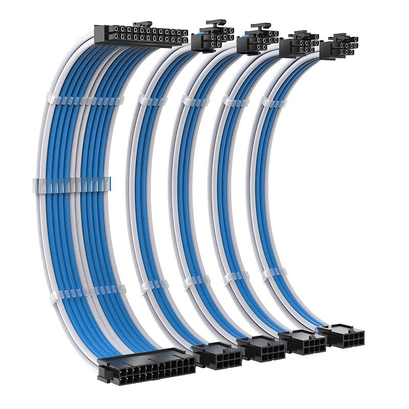 零度世家 电源模组延长线主板CPU显卡通用电源供电延长加长线套装24pin/4+4p/6+2p定制线 蓝白色 5条延长线套装