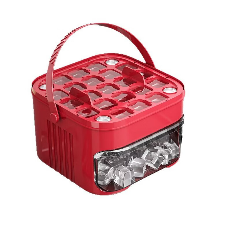 洋臣新款食品级冰格模具桶按压式冰块模具冰箱冻冰块食物收纳盒子冰格 双层50格+冰铲【璀璨红】