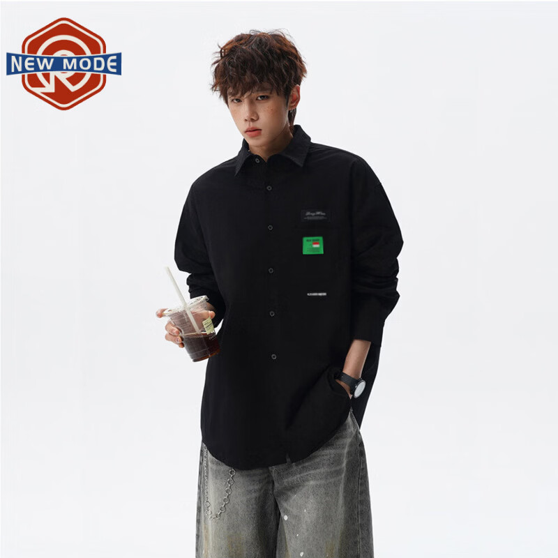 NEW OR MODE美式复古贴标长袖衬衫男春季新款潮牌宽松慵懒风衬衣大码休闲外套 黑色【高品质】 M 【建议90-110斤】