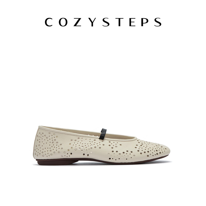 COZY STEPS可至女士26春季新款浅口复古牛皮芭蕾玛丽珍镭射冲孔单鞋女 乳酪白 35