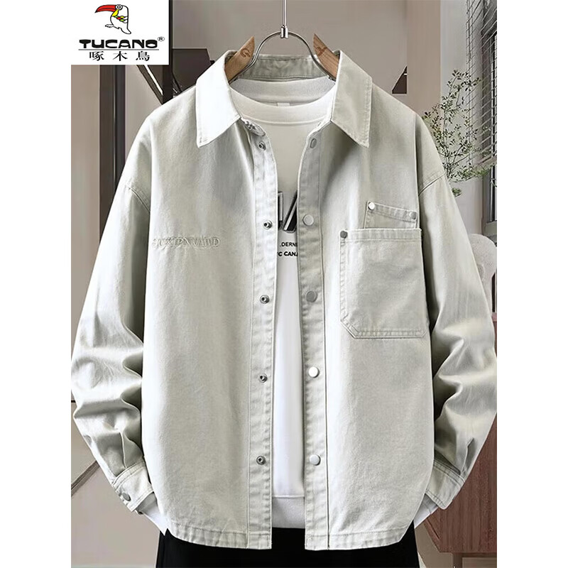 啄木鸟牛仔外套男春秋季2026新款美式复古衬衫式夹克痞帅宽松上衣服  卡其色 XL 建议120-140斤