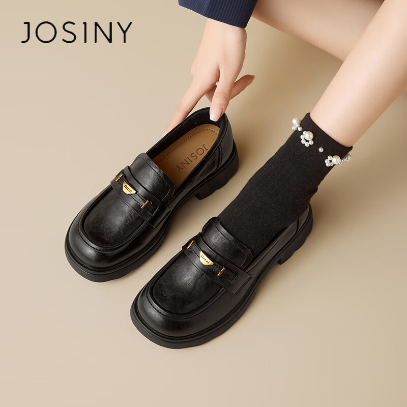 卓诗尼乐福鞋女款2026新春季厚底增高英伦风小皮鞋百搭平底单鞋黑色 37